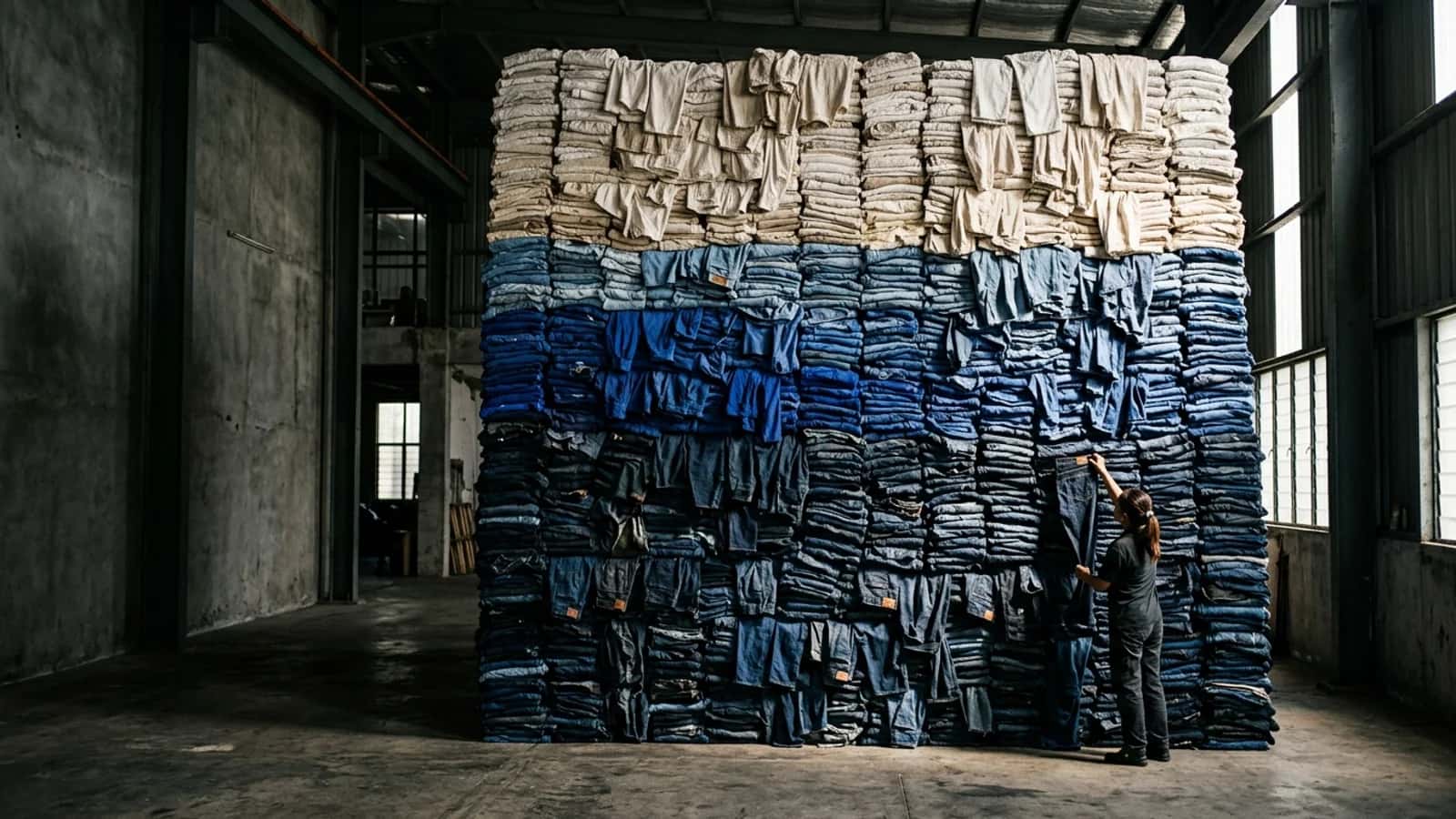 A maker reaching up to a wall of reclaimed garments stacked floor to ceiling and sorted by colour