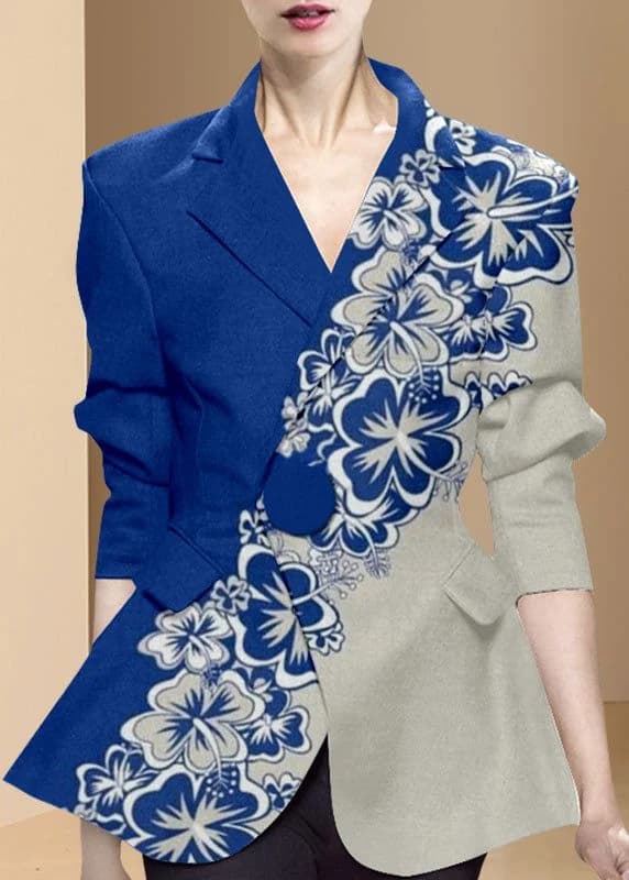 A blazer joined from two garments, cobalt blue and pale grey, with a white floral panel across the seam