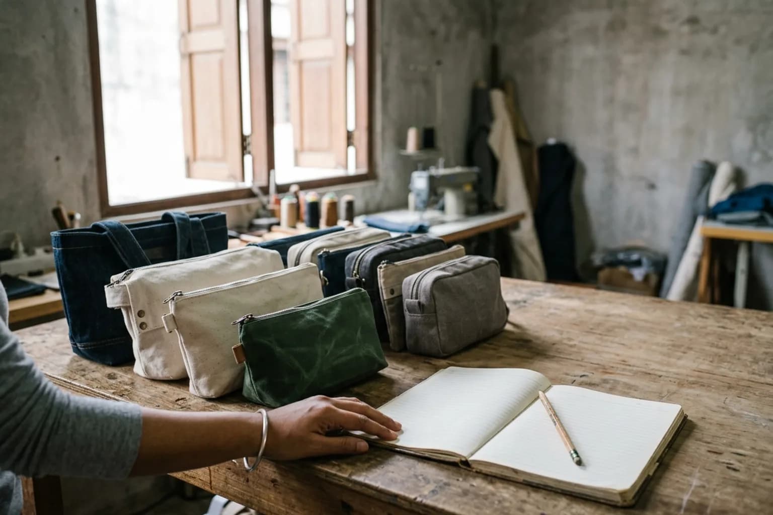 Upcycled products laid out beside a written tally