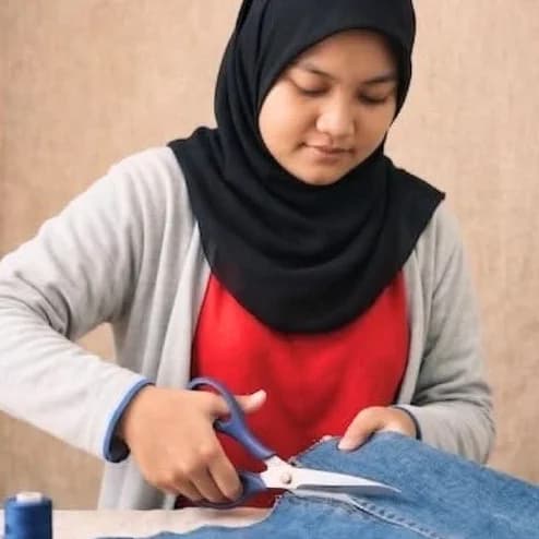 Nurayuni Rusnaida bt Mohammad Azali cutting reclaimed denim with tailoring shears