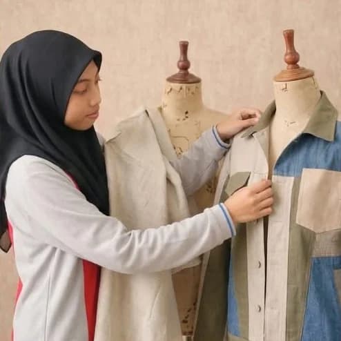 Nurul Mawaddah bt Ahmad pinning a patchwork jacket on a dress form