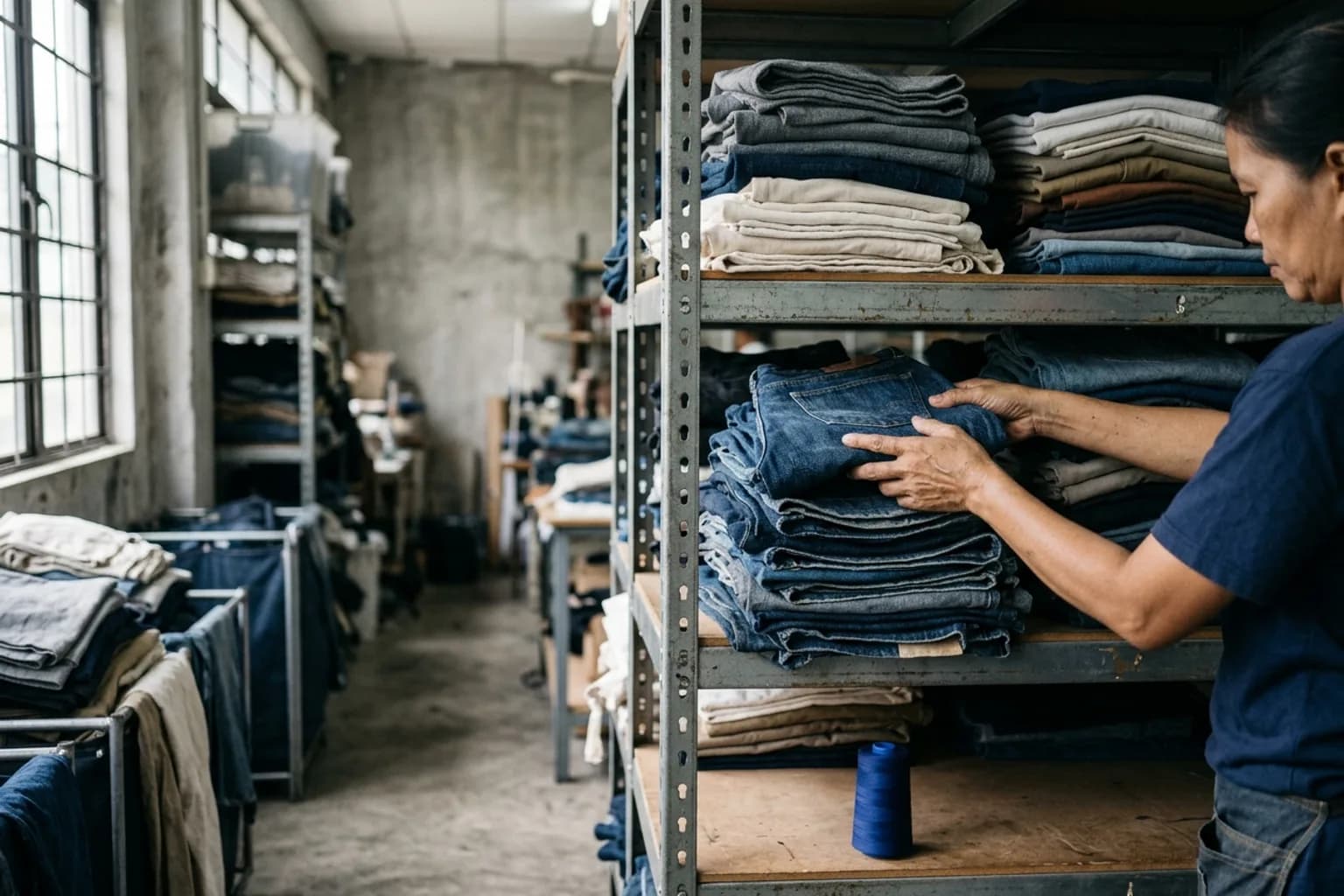 Sorted textiles stacked by colour and material