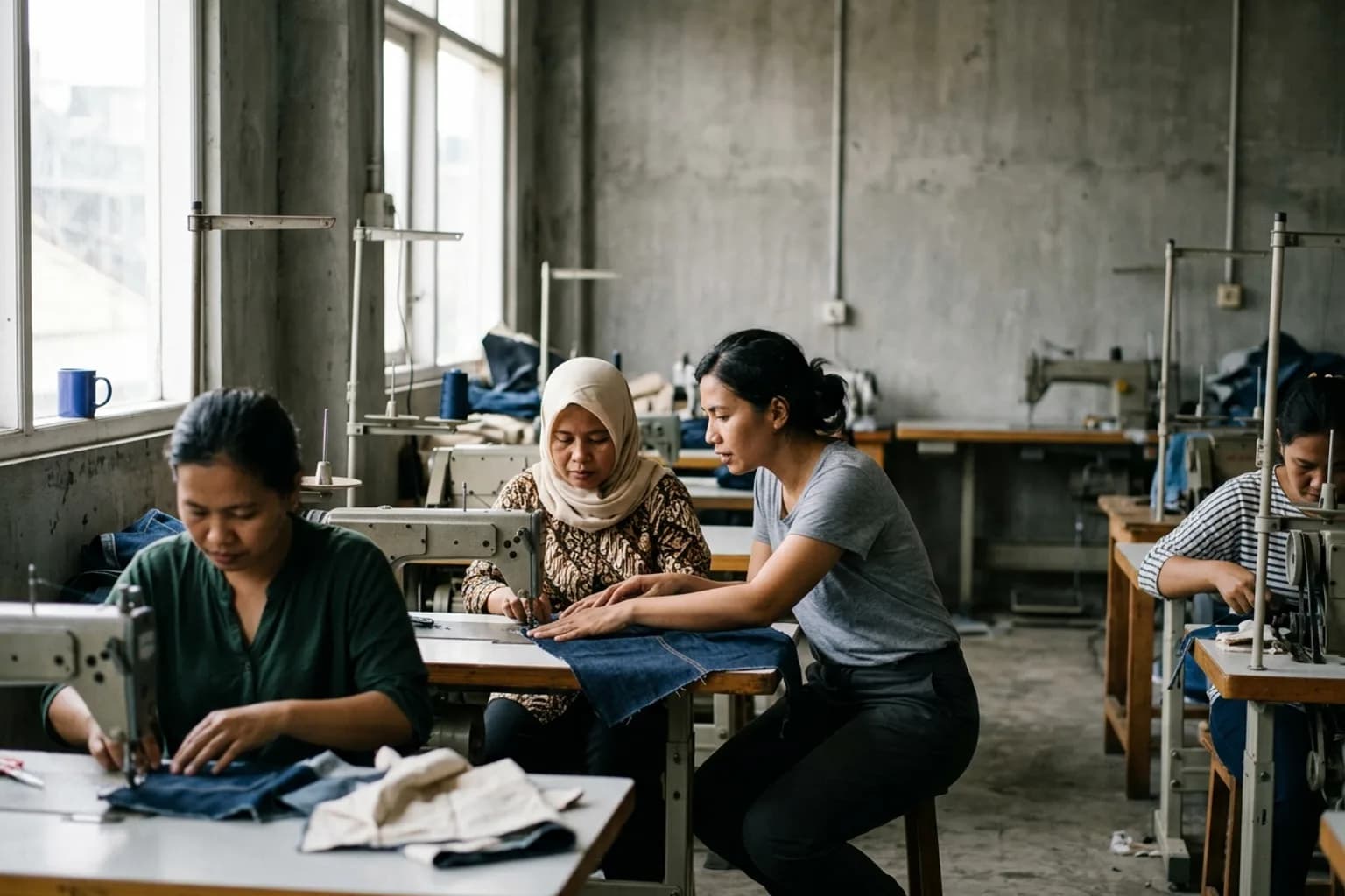 A trainer teaching sewing skills to a small group of women